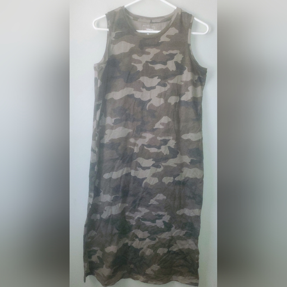 Sonoma Camo Print Sleeveless Midi Dress in Olive and Taupe